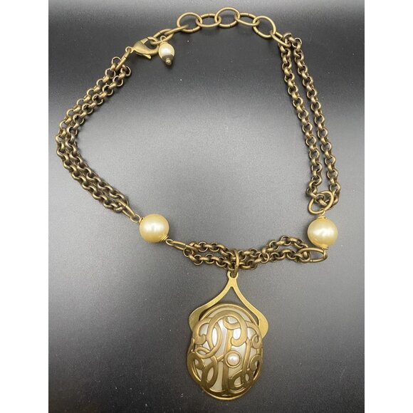 Signed Jan Michaels Art Nouveau Necklace Gold Brass Tone Caged Pearl Rolo Chain - Picture 1 of 8